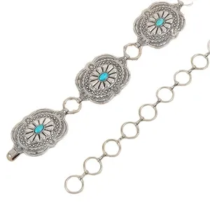 Vrouwen zilveren metalen taille ketting boho gesneden turkoois inlay riem vintage chic