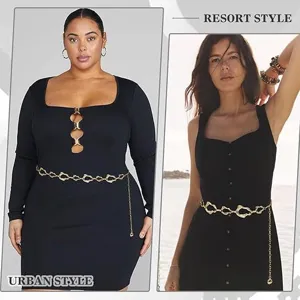Gros plan detail de ceinture chaine de taille en metal dore carve vintage sur robe noire.