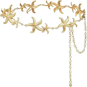 Close up golden starfish detail view of metal waist chain linked design accessory.