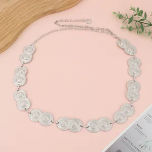 Vintage silver metal waist chain for women, chic circular link belt for dresses and casual wear.