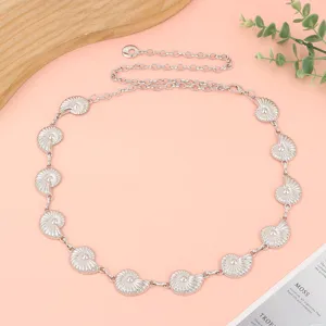 Women metal waist chain, oceanic shell conch pendant adjustable silver belly chain.