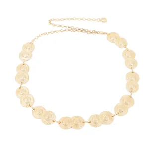 Gold metal chain belt for women, featuring textured circular discs and adjustable length link.