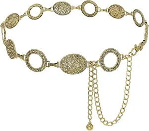 Goldene Metall Kette Gürtel Detail, vintage runder Ring Taillen Zubehör für Kleider.
