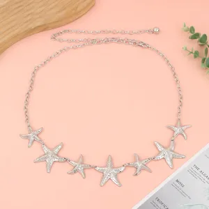 Women silver metal chain belt with starfish charms beach ocean style waist jewelry accessory