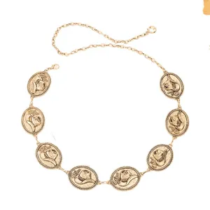 Cadena de cintura vintage de metal dorado bohemio con medallones de sombrero de vaquero mujer.