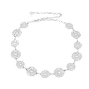 Silver metal waist chain featuring hollow round medallion links, adjustable decorative belt.