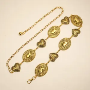 Women vintage gold metal waist chain bohemian horse coin belt adjustable dress accessory