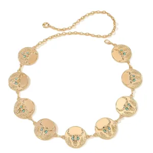 Bohemian Gold Metal Waist Chain Turquoise Bull Skull Round Pendant Belt Fashion Jewelry