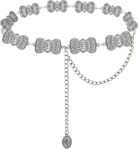 Catena da vita in metallo argentato vintage con eleganti maglie a farfalla e nappa.