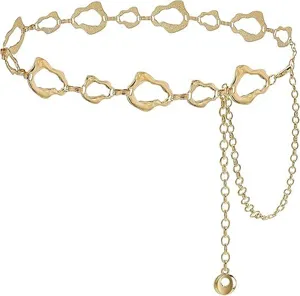 Ceinture chaîne en métal doré femme, chaîne de taille creuse irrégulière vintage pour robes jeans.