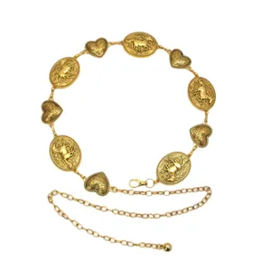 Vintage gold metal waist chain belt featuring embossed horse ovals and floral heart charms.