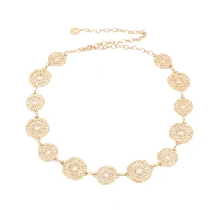 Gold metal chain belt with hollow circular medallions, elegant waist accessory for women.