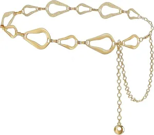 Ceinture chaîne en métal doré avec maillons géométriques irréguliers et pendentif chic élégant.