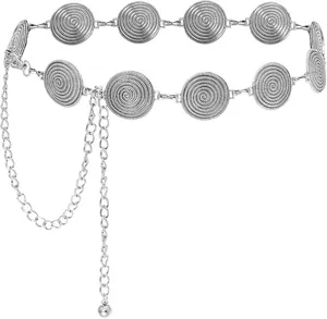 Silberne Metall Taillenkette mit spiralförmigen runden Scheiben und Ketten, schicker Kleidergürtel.