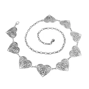 Silver metal waist chain with butterfly heart charms, perfect adjustable accessory for dresses.
