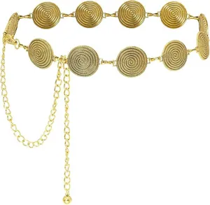 Goldene metallische Kettengürtel für Damen, mit kreisenförmigen Spiralgliedern und Quaste.