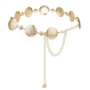 Gold metal waist chain for women, hollow sunburst disc design with delicate dangling chains.
