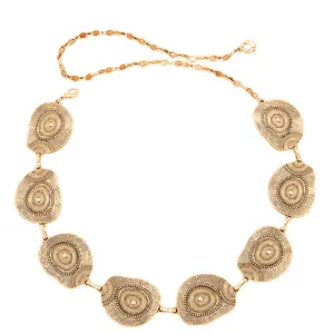 Close-up detail of the metallic textured disc waist chain, perfect for highlighting dresses.