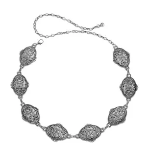 Bohemian vintage silver metal waist chain for women, adjustable casual dress belt accessory.