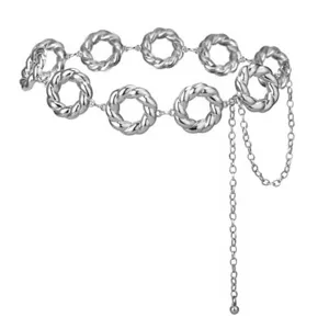 Detailed view of silver metallic twisted circle link waist chain fashion accessory.