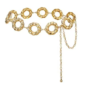 Detailed view of the elegant gold metal waist chain featuring twisted circular links and dangling chains.