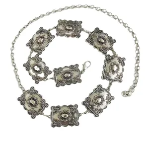Bohemian silver metal waist chain for women, vintage engraved rectangle plaque belt jewelry.