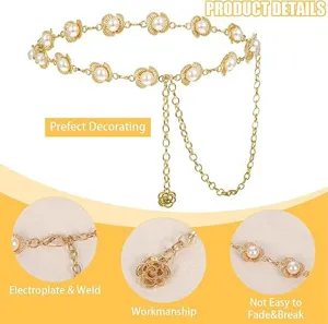 Damen Metall Taillenkette mit Perlen und Blumen Anhängern, verstellbares Kleider Zubehör.