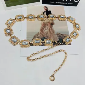 Gold waist chain for women, chic metal crystal gemstone dress belt with adjustable length.