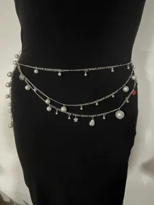 Multi-layer pearl shell pendant waist chain, elegant silver body chain jewelry for women.