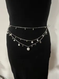 Stunning multi-layer pearl charm waist chain, elegant body chain for women's stylish daily wear.
