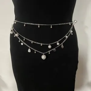 Multi-Layer Waist Chain Body Chain Silver Metal Artificial Pearl Shell Pendant Tassel Elegant Fashion Jewelry For Women