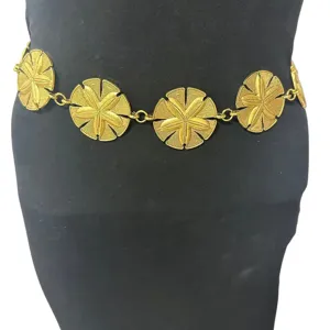 Gold metal waist chain for women, featuring circular textured medallions for dresses.