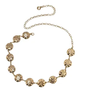 Vintage gold-plated metal disc waist chain, textured round pendants and adjustable clasp.