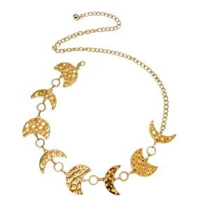 Retro gold metal moon waist chain for women, versatile decorative belt for dress and jeans.