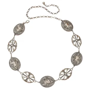 Vintage silver metal waist chain boho dress belt with retro horse medallions accessories