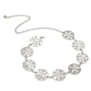 Silver metal waist chain for women, stylish vintage coin disc belt for elegant dresses.