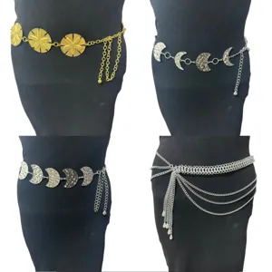 Women Fashion Waist Chain Metal Silver Gold Floral Moon Multi-layer Pearl Pendant Dress Belt Body Jewelry