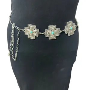 Böhmische Türkis Kreuz Metall Taillenkette für Damen, schicke silberne Schmuckkette.