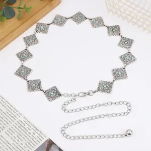 Vintage silver metal waist chain with turquoise details, square links and adjustable chain.