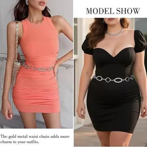 Women Punk Metal Waist Chain Adjustable Geometric Oval Ring Body Chain Fashion Commuting Dress Belt Accessories