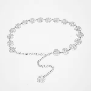 Silver metal camellia flower waist chain for women, stylish dress accessory metal belt.