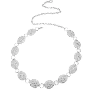 Women vintage silver metal coin chain belt adjustable waist body chain fashion accessory