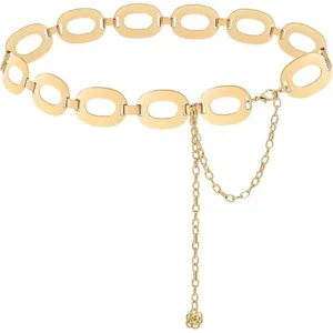 Close-up of gold metal chain belt with oval links and floral pendant detail for women dress