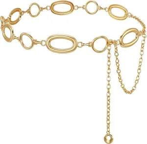 Gold metal chain belt for women, featuring geometric round and oval links with stylish fringe.