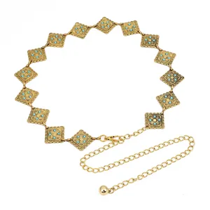 Vintage gold-tone metal waist chain belt with turquoise stones for dress and jeans.