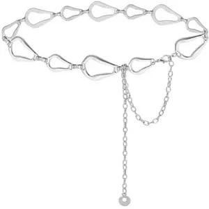 Silver metal waist chain for women, chic irregular geometric links decorative dress belt.
