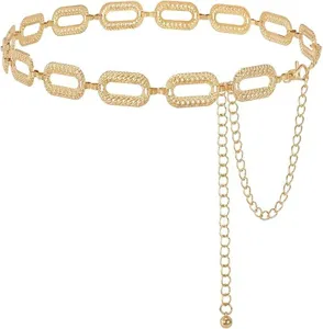 Gold metal chain belt for women, geometric rectangular link waist chain, stylish accessory details.