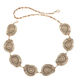 Elegant metal waist chain for women, retro oval pendants, chic dress belt accessories.