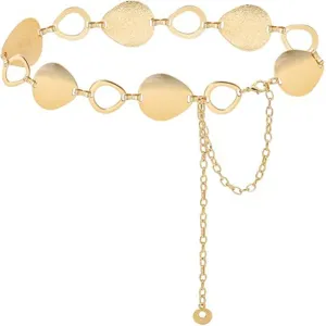 Gold metal waist chain detail showing teardrop and round links, perfect dress accessory.