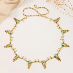 Vintage Boheemse gouden metalen tailleketting met stierenkop en turquoise stenen